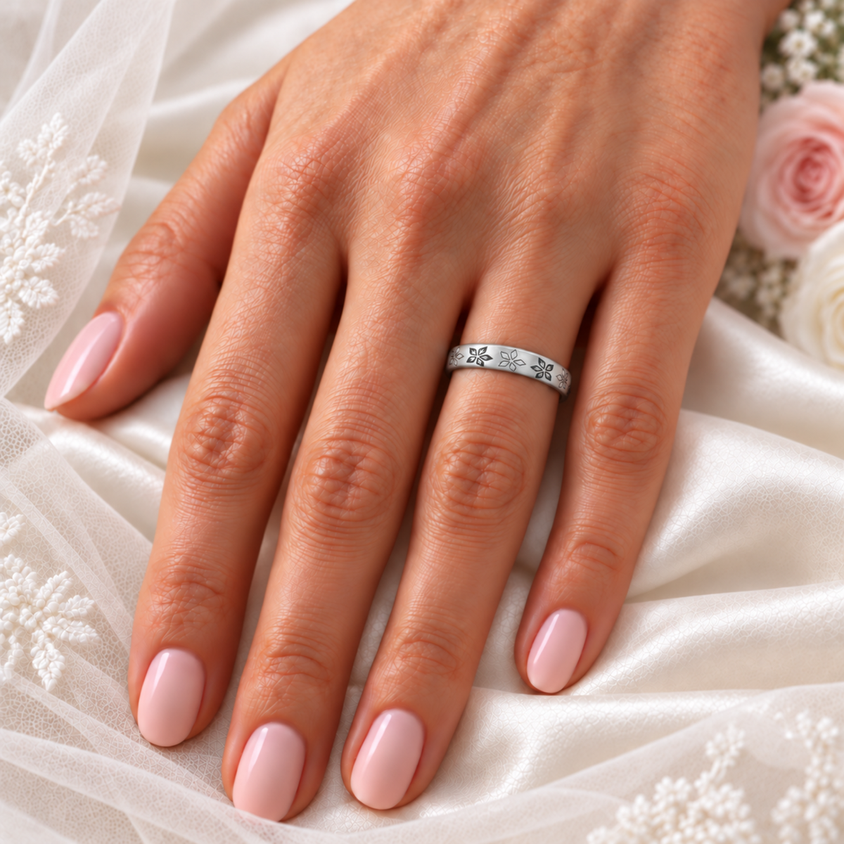 A close-up of a woman's hand with pale pink manicured nails wearing a thin platinum band ring with with floral pattern resting on white satin fabric with lace and roses in the background.
