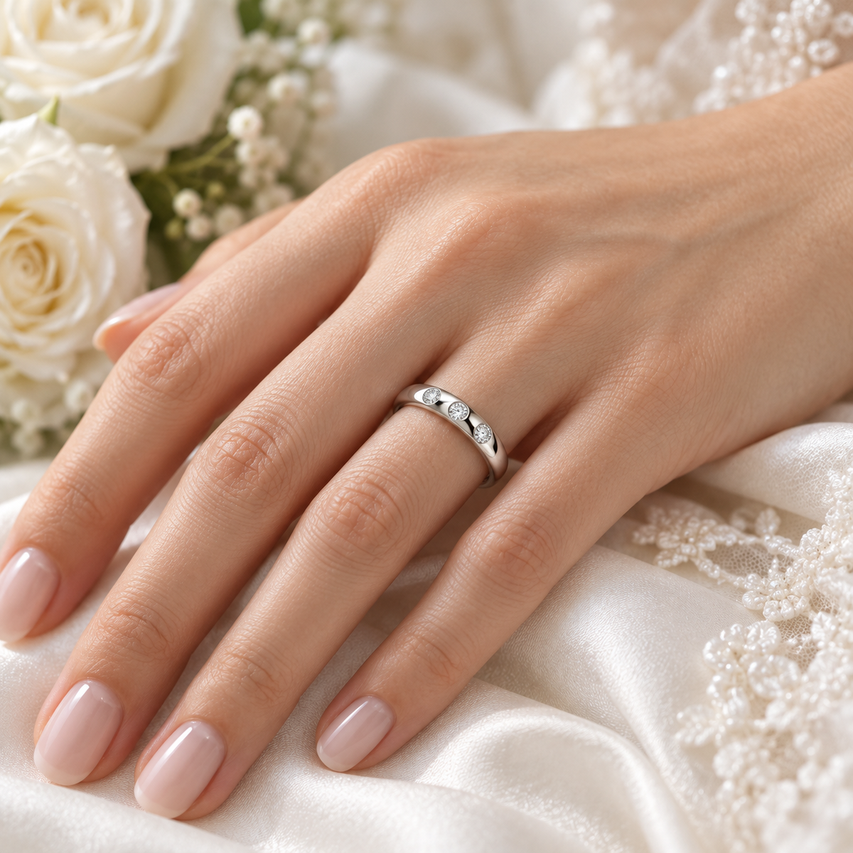 A close-up of a woman's hand wearing a platinum diamond band ring resting on white lace fabric with white roses in the background.