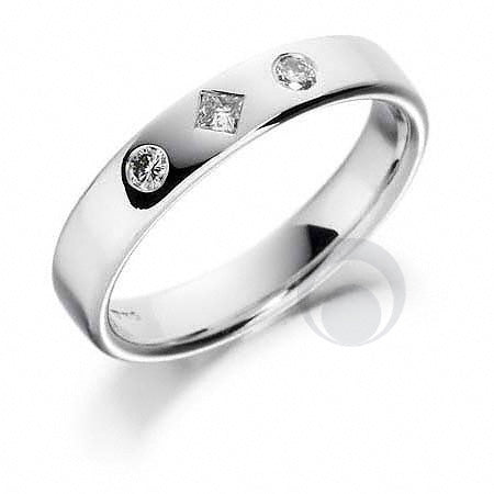 A platinum diamond set wedding band with a princess cut diamond set in the centre with two round cut diamonds set either side. 