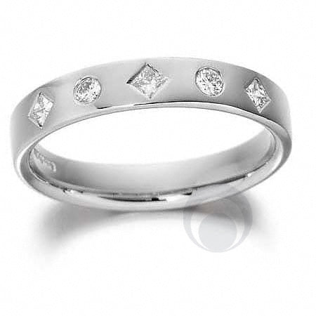 A diamond platinum wedding ring with multiple diamond accents set in a polished or matte finish.