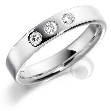 A Platinum diamond wedding ring set with three round cut diamonds of equal size.