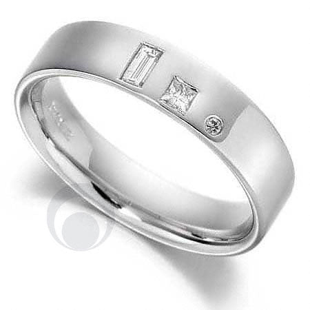 A  diamond platinum wedding ring with a comfort fit interior. The ring features a polished finish and is hallmarked 950 platinum, indicating its purity and quality.