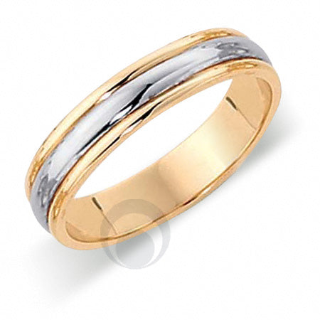 A two-tone wedding ring with a platinum gold band and a platinum band, featuring chamfered cut lines on the top surface.