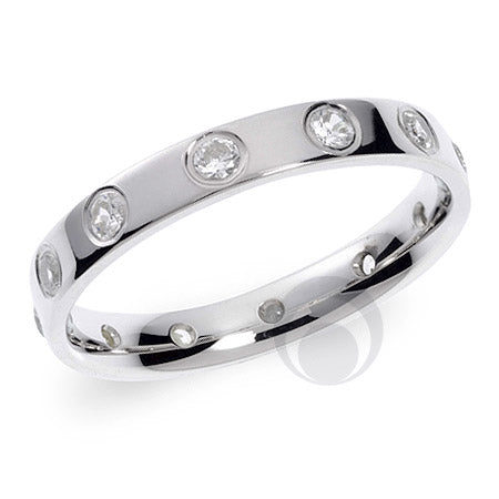 A platinum diamond set wedding ring featuring round cut diamonds set around the band with a polished finish.
