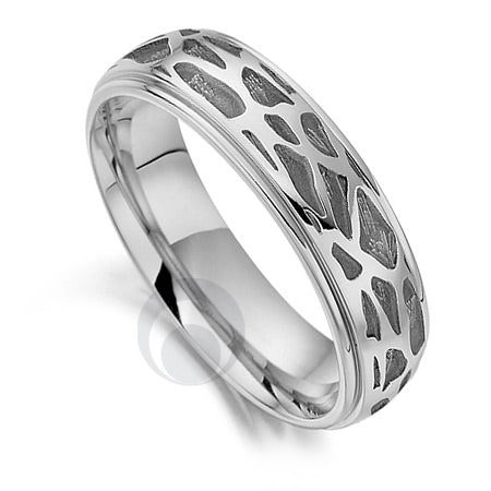 A polished platinum wedding ring with a geometric giraffe pattern.