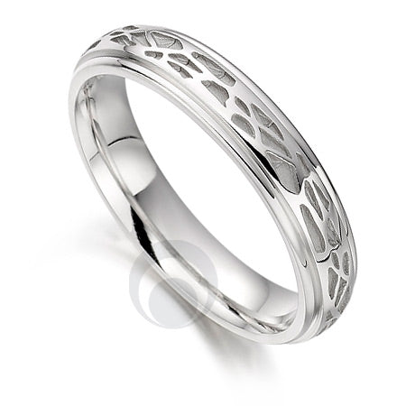 A polished platinum wedding ring with a geometric giraffe pattern design.