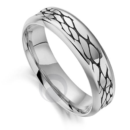 A polished platinum wedding ring with a crocodile pattern design.