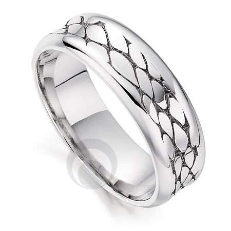 A polished platinum wedding ring with a crocodile pattern design.