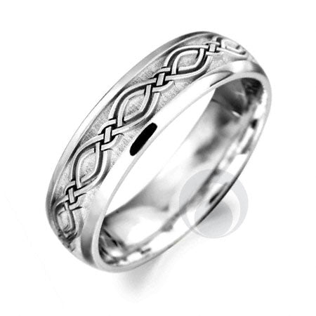 A polished platinum wedding ring with a Celtic knot design.