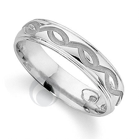 A platinum patterned wedding ring with a scroll centre pattern and a polished finish.