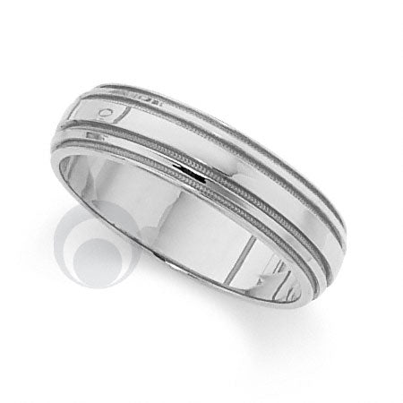 A polished platinum wedding ring with a classic cut pattern and a comfort fit interior.