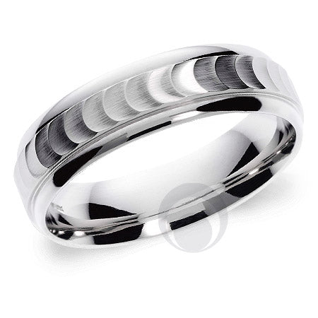 A polished platinum wedding ring with a classic cut pattern.