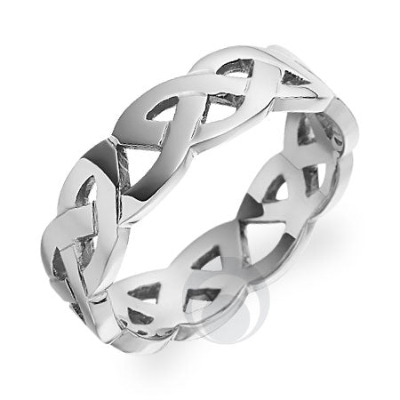 A wedding ring with a celtic cut design, signifying a blend of traditional and modern styles.