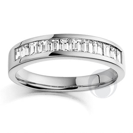 A platinum diamond eternity ring set with Baguette cut diamonds. Diamonds set within a channel.