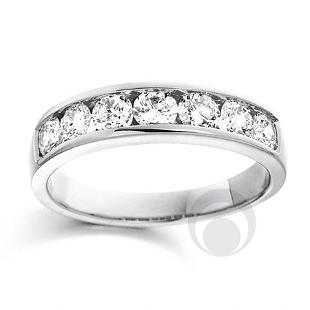 A platinum diamond set eternity ring. Round cut diamonds set within a channel.