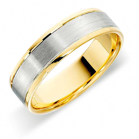 A two-tone wedding ring with a polished platinum band and an 18ct gold band, featuring chamfered cut lines.