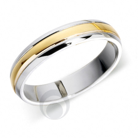 A two-colour platinum wedding ring with a chamfered cut line, featuring 18ct gold alongside a platinum band.