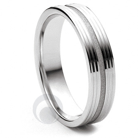 A platinum wedding ring with a textured design on the top part and a polished finish on the shiny metallic band.